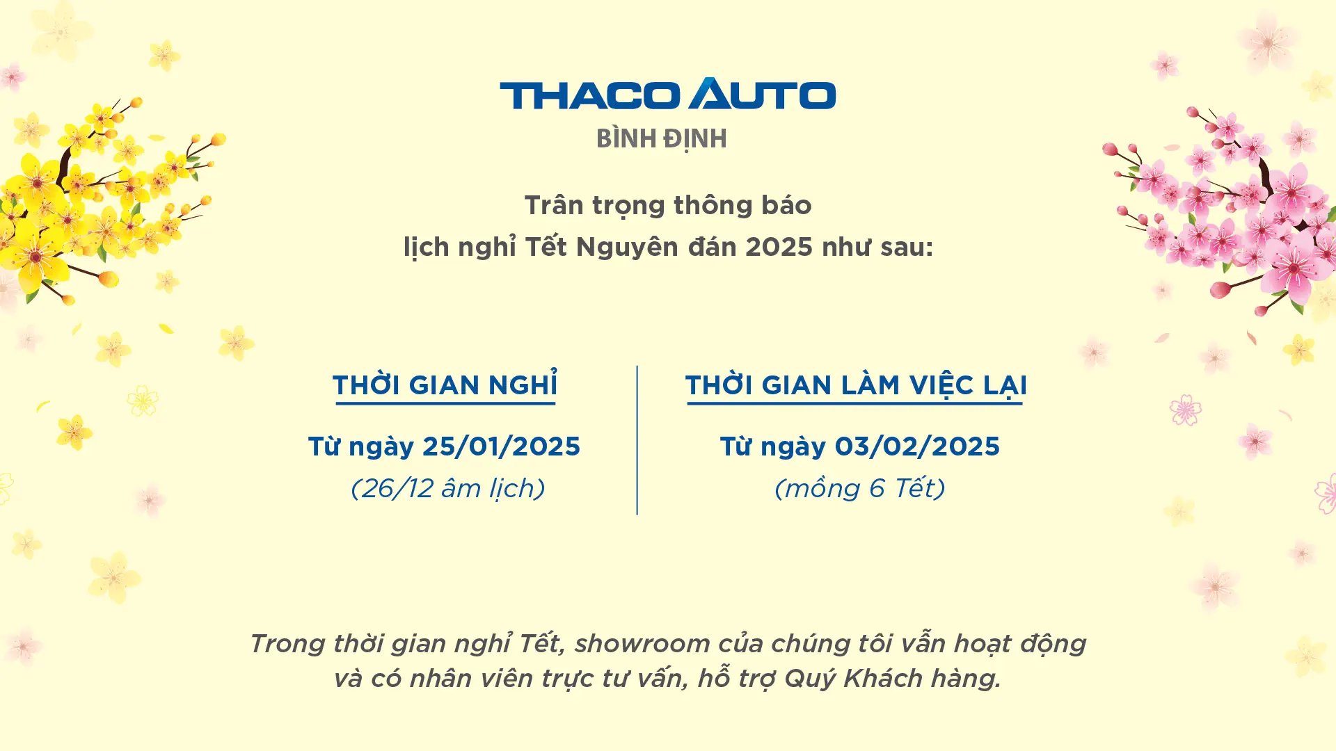 Thông báo lịch nghỉ Tết Nguyên Đán THACO AUTO Bình Định