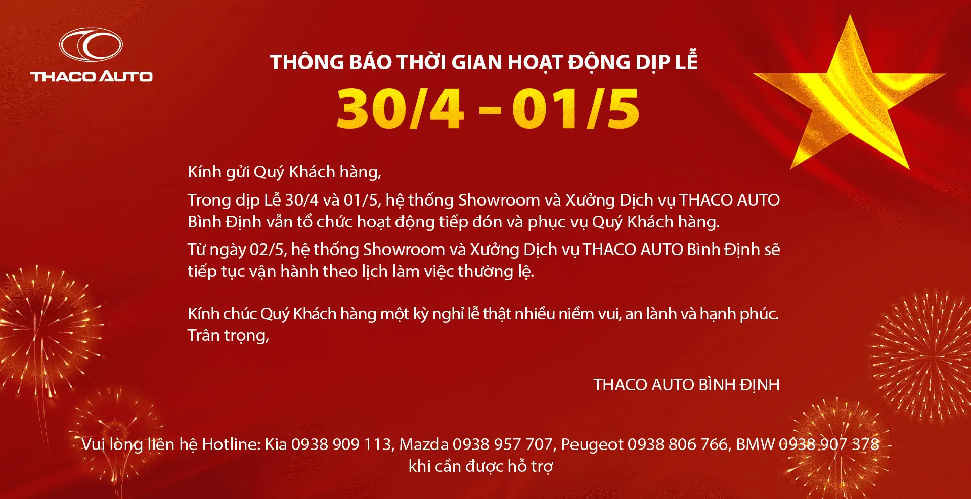 THACO AUTO Bình Định - Thông báo thời gian hoạt động dịp lễ 30/4 – 01/5