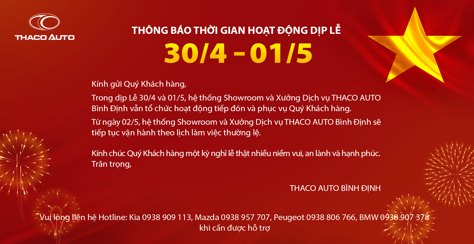 THACO AUTO Bình Định - Thông báo thời gian hoạt động dịp lễ 30/4 – 01/5